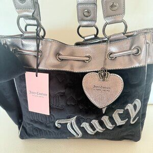 NWT Juicy Couture Black gunmetal Vintage Dreams Tote Daydreamer purse